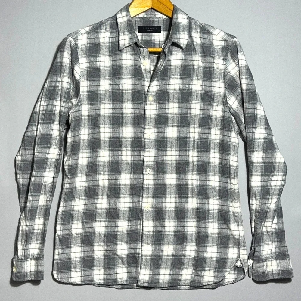 AllSaints Slim Fit Shirt Mens Size Medium Cotton Plaid Grey Flannel Button Down